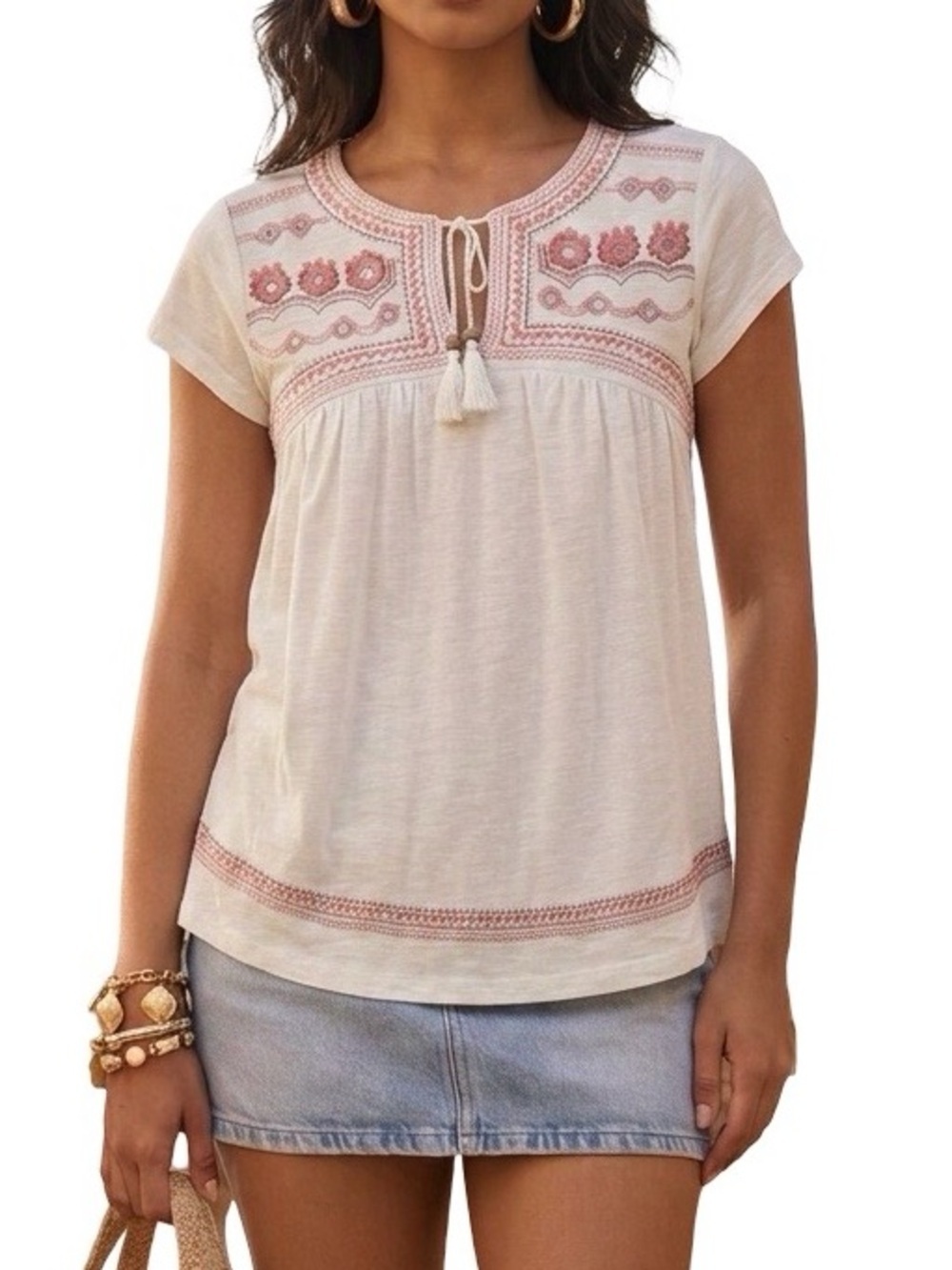 Swiss Floral Tunic Top Embroidery Embellished Boho Cream & Pink Small
